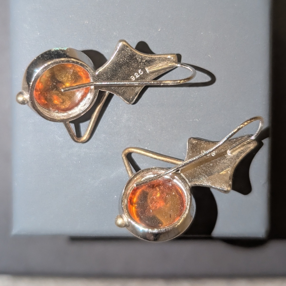 Amber Orb Silver Star Drop Earrings - Honey Amber - Picture 2 of 8